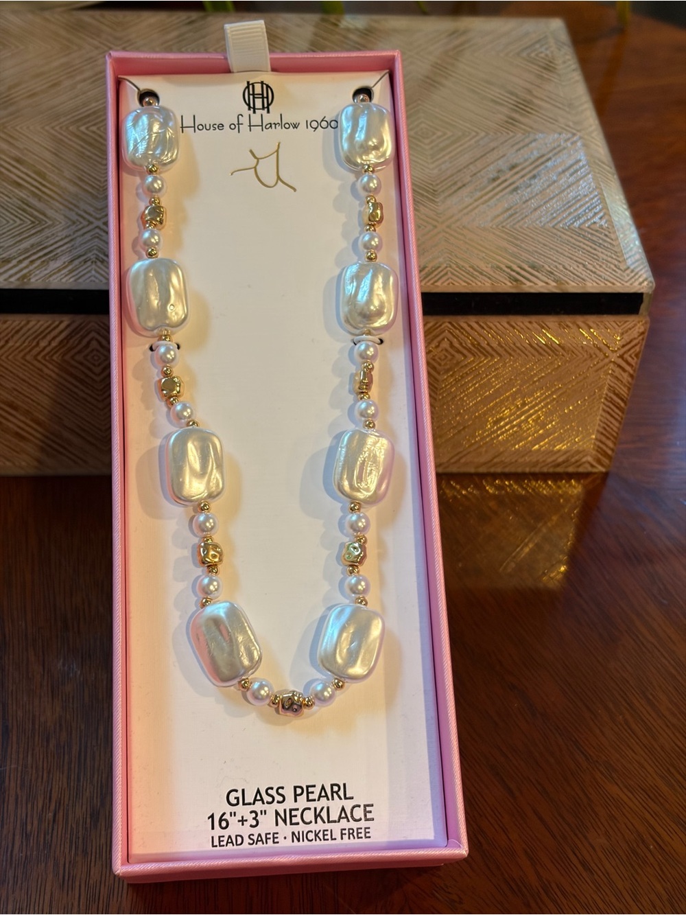 House of Harlow 1960 Iridescent White Glass Pearl Necklace with Gold Accents